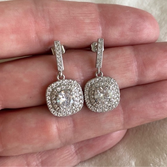 Diamond Halo Square Pendant Drop Dangle Earrings Bridal Wedding New - Picture 3 of 6